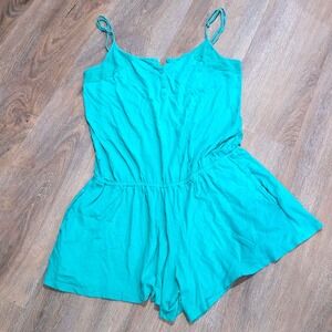 Roxy Womens Teal Knit Romper Henley Button Adjustable Strap Pocket Turquoise L